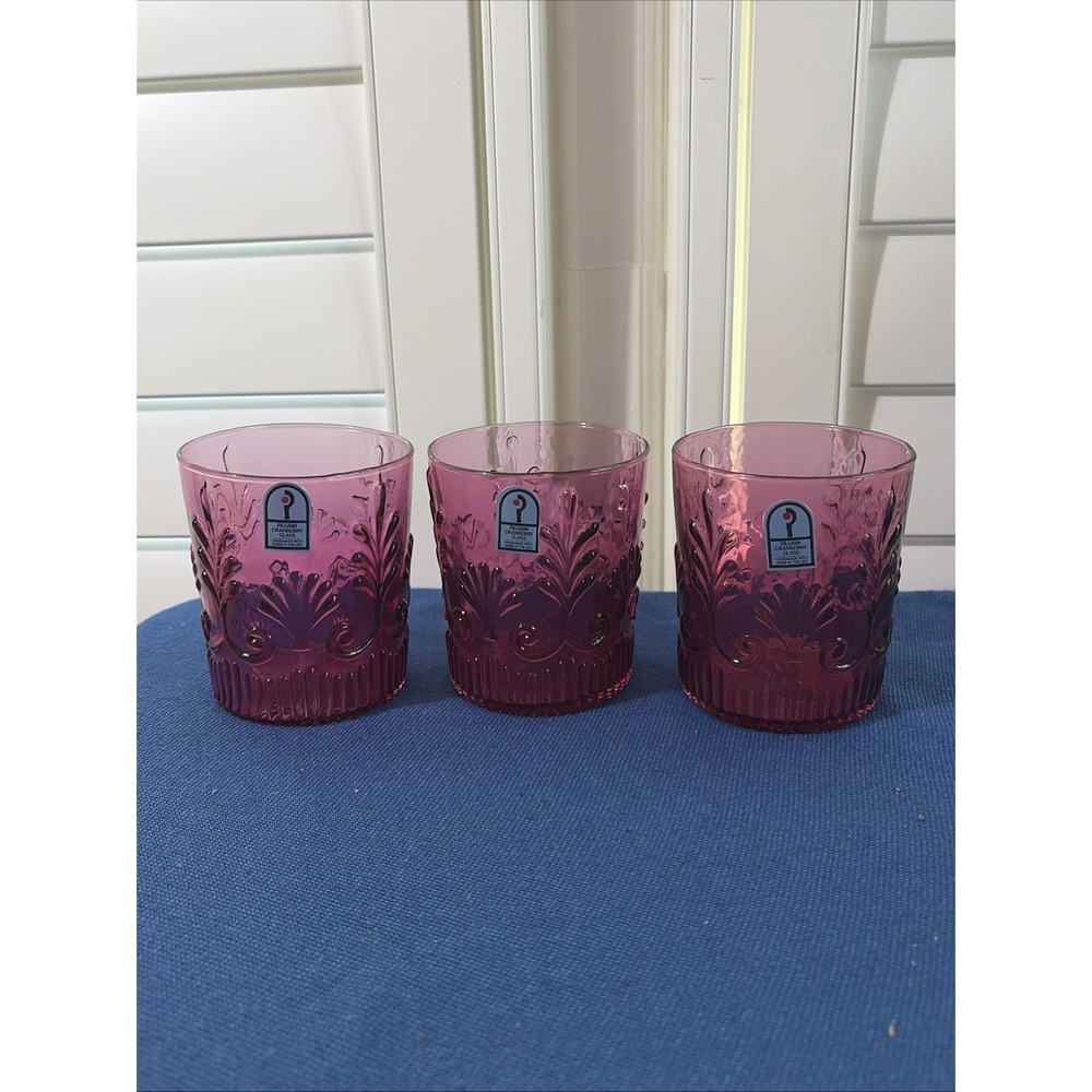 Vtg Pilgrim Cranberry Glass Tumblers Set Of 3 Made With Gold In USA